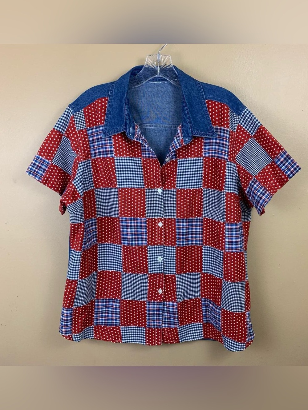Vintage Patchwork Top Womens XL* Red White Blue Denim Patriotic USA Button Shirt